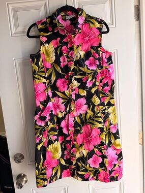 Y2K White Stag Tropical Hibiscus Floral Sleeveless Button Front Dress Size 12